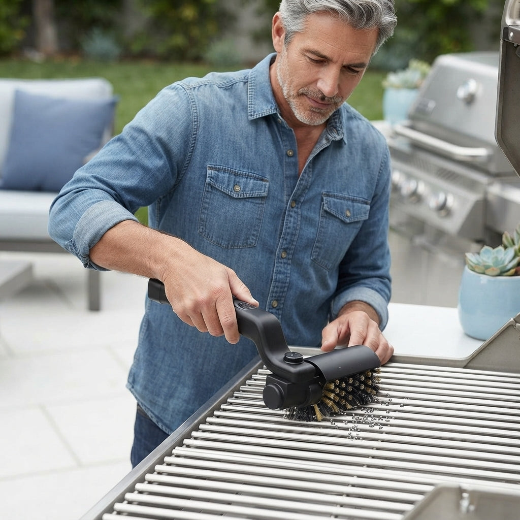 A man using an electric grill brush on stainless steel grill grates on a clean patio.
