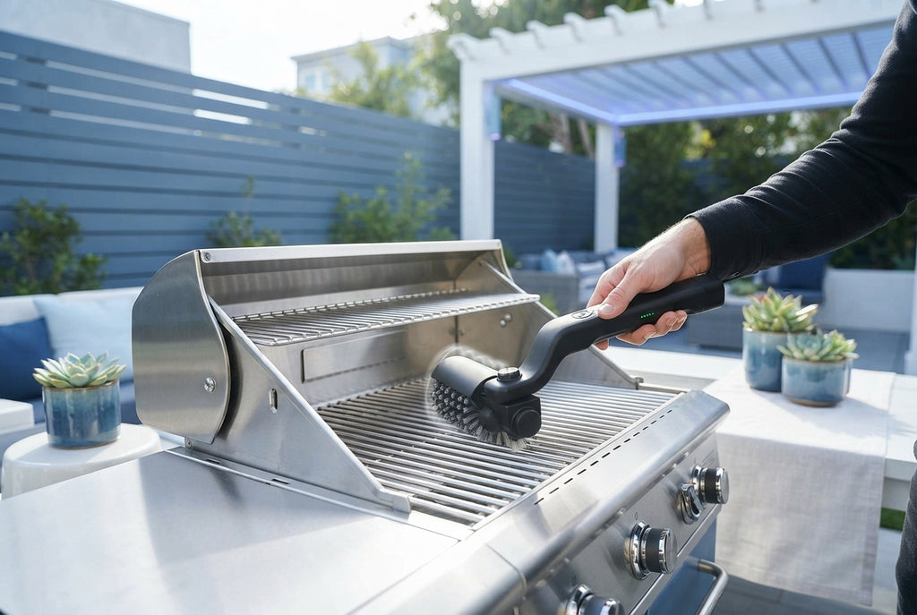 Person using a cordless electric grill brush to clean a stainless steel barbecue on a modern patio.