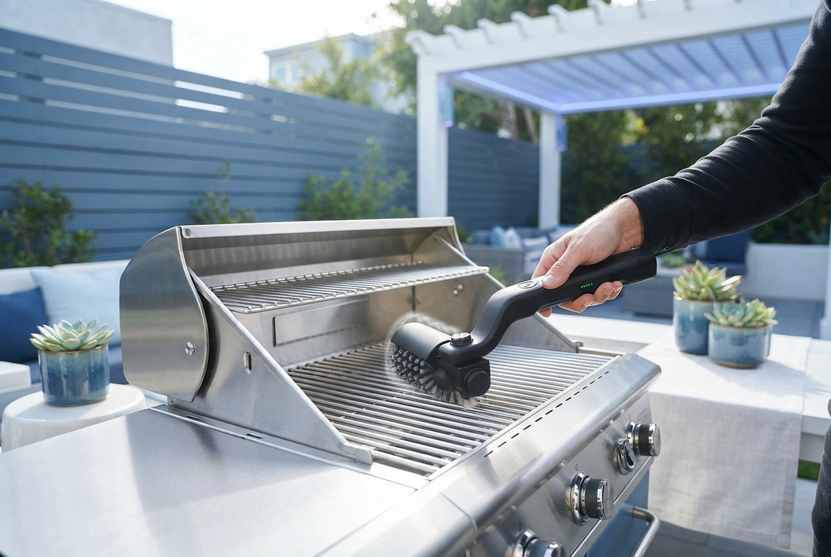 Person using a cordless electric grill brush to clean a stainless steel barbecue on a modern patio.