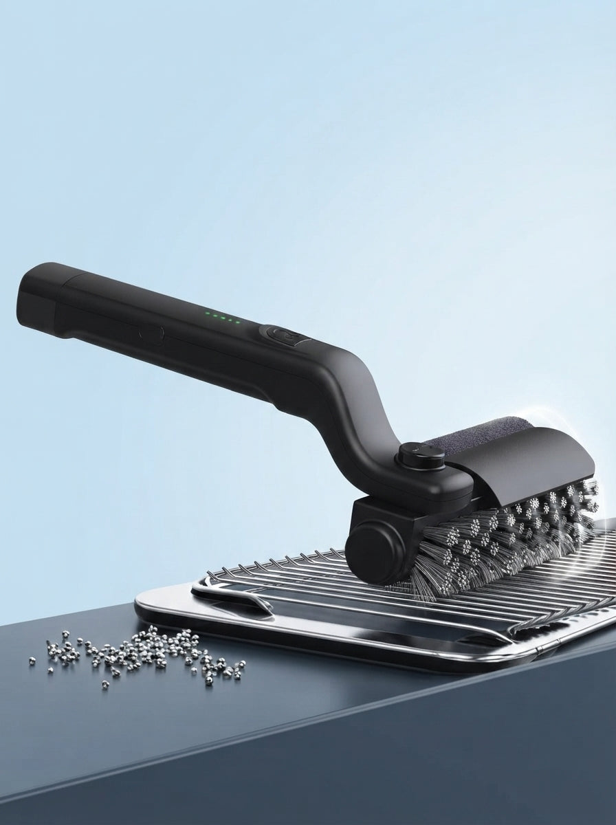 Cordless electric grill brush with a textured head sitting on a slate blue surface against a soft sky blue studio background.